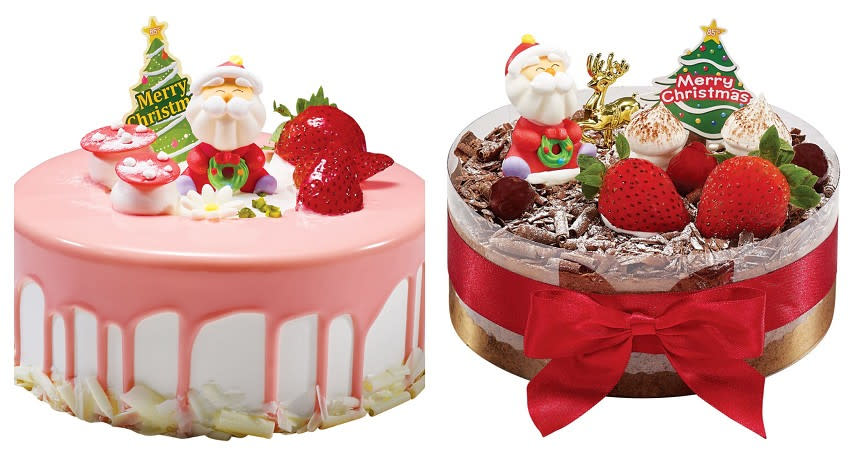 85˚C今年推出的整膜耶誕節蛋糕：粉紅聖誕(左)、莓果平安夜。（圖／85˚C）