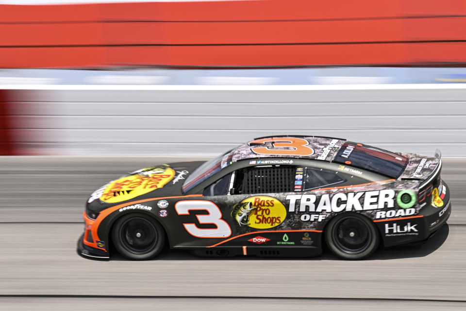 Austin Dillon (3) steers through Turn 2 during a NASCAR Cup Series auto race at Darlington Raceway, Sunday, May 14, 2023, in Darlington, S.C. (AP Photo/Matt Kelley)