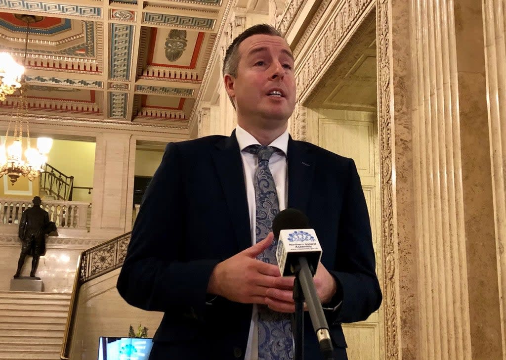 First Minister Paul Givan, speaks to the media in the Great Hall of Parliament Buildings at Stormont (David Young/PA) (PA Wire)