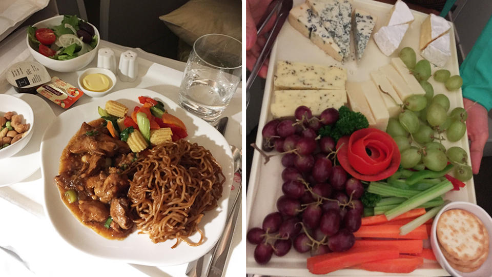 Stir-fried egg noodle and chicken for dinner and a fruit and cheese platter. Photo: Yahoo Lifestyle