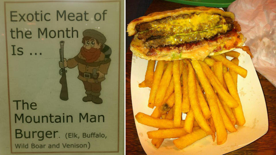 One of the exotic meat of the month burgers, The Mountain Man Burger (left), advertised on a sign and the 'four meat treat' from Burger Bar (right).