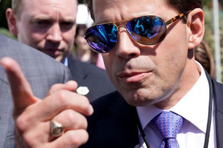 White House Communications Director Anthony Scaramucci talks to the media outside the White House in Washington, U.S., July 25, 2017. REUTERS/Yuri Gripas