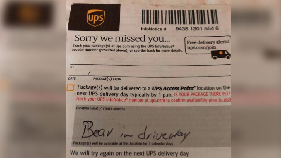 The driver did not deliver the package because a bear was in the driveway. Source: Facebook