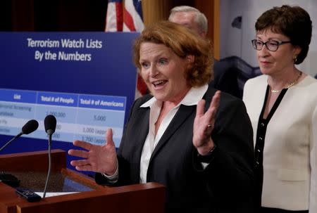 FILE PHOTO: Senator Heidi Heitkamp (D-ND) speaks at a news conference on Capitol Hill in Washington, D.C., U.S., to unveil a compromise proposal on gun control measures, June 21, 2016. REUTERS/Yuri Gripas