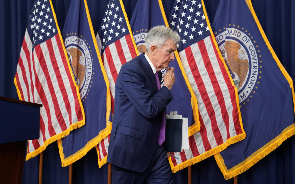 US Federal Reserve Chair Jerome Powell departs after holding a press conference following a two-day meeting of the Federal Open Market Committee on interest rate policy in Washington, US, May 1, 2024. REUTERS/Kevin Lamarque