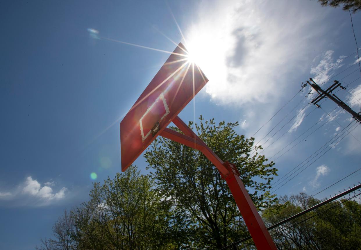 A basketball backboard where the hoop has been removed at Orange Mound Park on Thursday, April 2, 2020. 