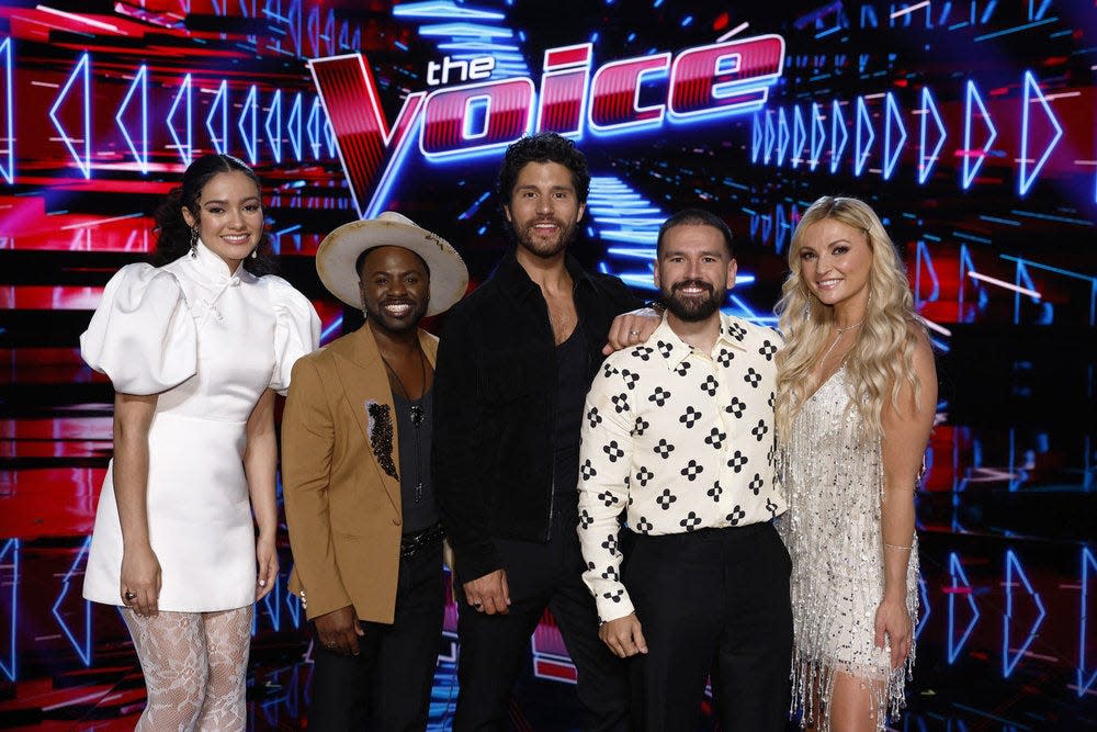 From left, Madison Curbelo, Tae Lewis, Dan + Shay and Karen Waldrup, wait to hear their fate on NBC's "The Voice."
