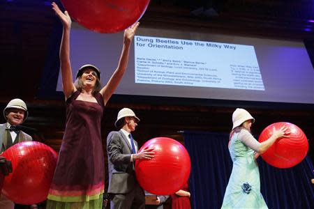 Emily Baird (2nd L), assistant professor at Lund University in Sweden, throws a ball into the crowd after she and her colleagues received the joint prize in biology and astronomy during the 23rd First Annual Ig Nobel Prize ceremony at Harvard University in Cambridge, Massachusetts September 12, 2013. REUTERS/Brian Snyder