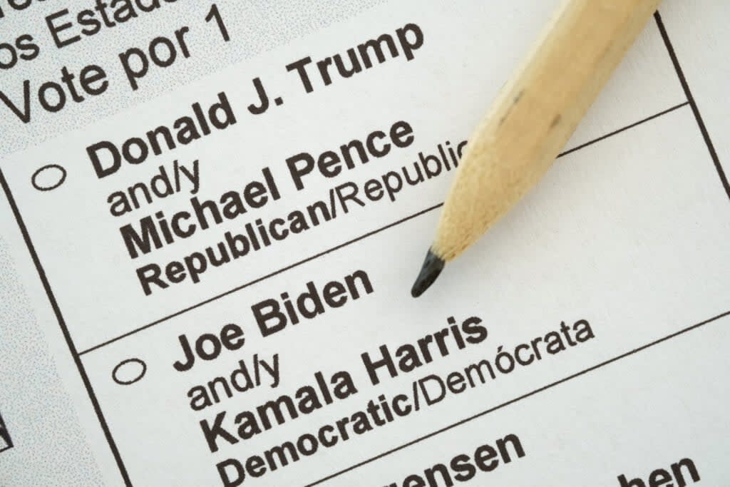 In this photo illustration a pencil lies on a U.S. presidential election mail-in ballot received by a U.S. citizen living abroad that shows current U.S. Republican President Donald Trump and his main contender, Democratic presidential candidate Joe Biden, among the choices on September 21, 2020 in Berlin, Germany. (Photo by Sean Gallup/Getty Images)