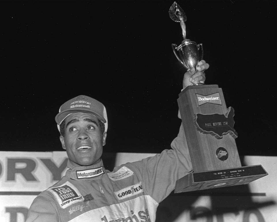 DAYTONA BEACH, FL — July 3, 1984:  Willy T. Ribbs in victory lane at Daytona International Speedway after winning the Paul Revere 250 SCCA Trans-Am race.  Ribbs drove a Jack Roush-owned Mercury Capri to the victory.  (Photo by ISC Images &amp; Archives via Getty Images)