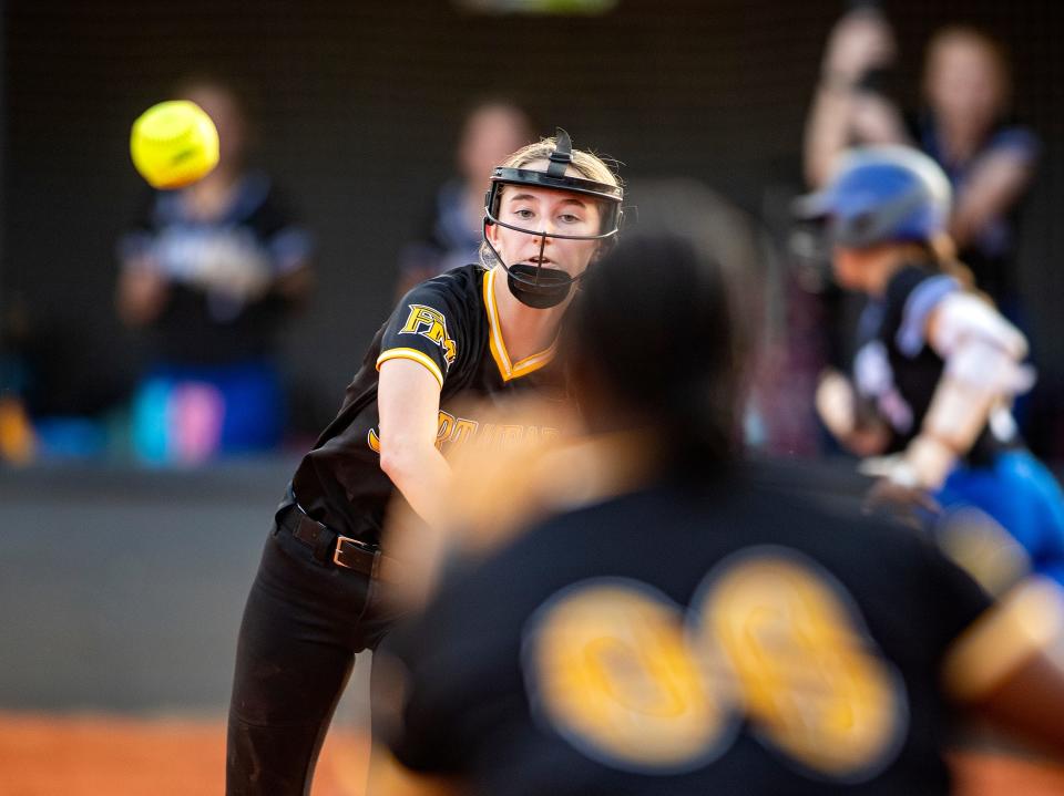 Fort Meade (21) Ariel Ramirez makes a pickoff throw to third against Lakeland Christian during the Class 2A, Region 3 softball: tournament at Fort Meade High School in Fort Meade Fl. Wednesday May 8, 2024.
Ernst Peters/The Ledger