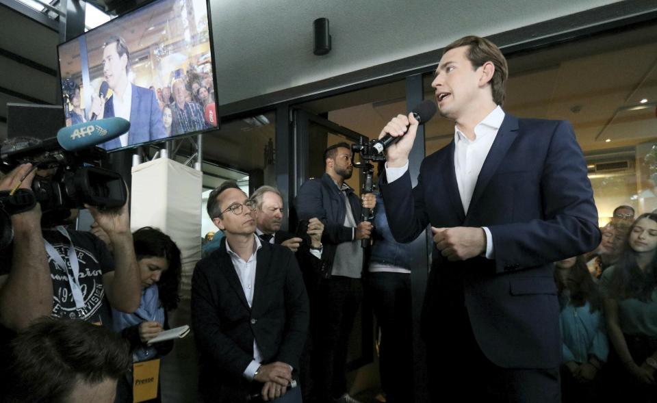 Austrian Chancellor Sebastian Kurz speaks to his supporters at the political headquarters of Austrian People's Party, OEVP, in Vienna, Austria, Monday, May 27, 2019. Chancellor Sebastian Kurz's center-right party recorded a big win in European elections, but he was ousted Monday following the collapse of his scandal-tainted coalition. (AP Photo/Ronald Zak)