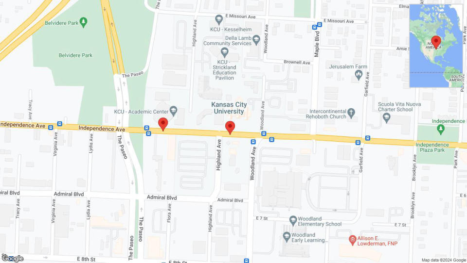 A detailed map that shows the affected road due to 'Independence Avenue/US-24 closed in Kansas City' on May 14th at 10:17 p.m.