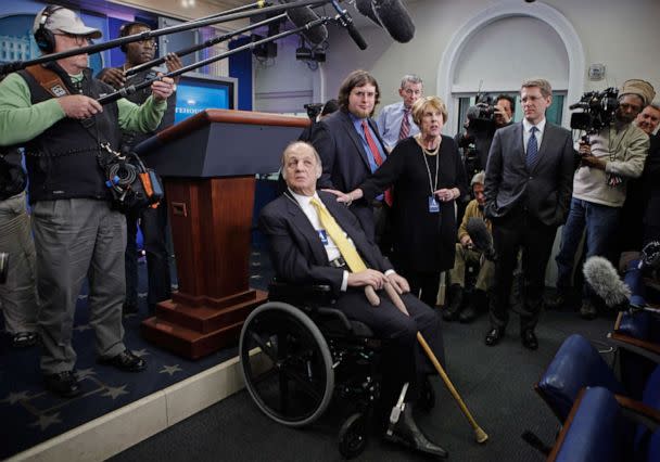 PHOTO: Former White House Press Secretary James Brady, center, visits the press briefing room that bears his name in the West Wing of the White House with current Press Secretary Jay Carney (3rd R) March 30, 2011 in Washington, DC. (Chip Somodevilla/Getty Images)
