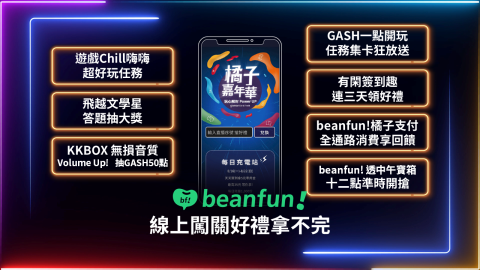 看「橘子嘉年華暑期版」邊拿好康！下載beanfun!好禮拿不完。 圖：翻攝自橘子集團