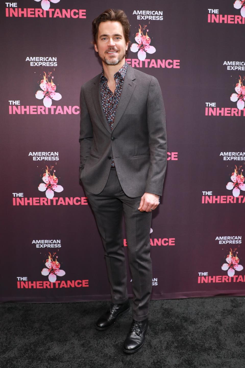 Matt Bomer, suit, gray suit, boots, black boots, leather boots, lace up boots, celebrity red carpet, red carpet, menswear, mens style, The Inheritance, Broadway, New York City