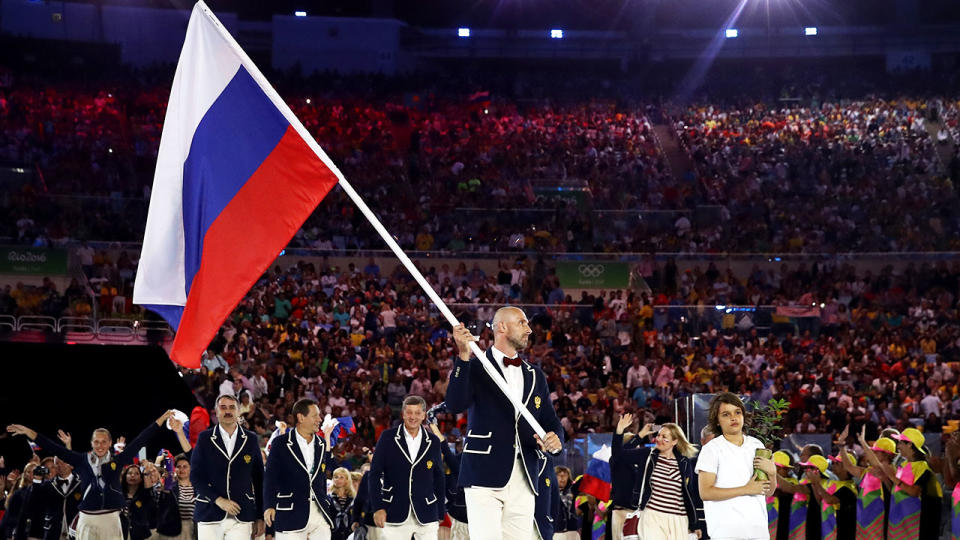 Pictured here, Russian athletes come together for the 2016 Rio Olympic Games opening ceremony.