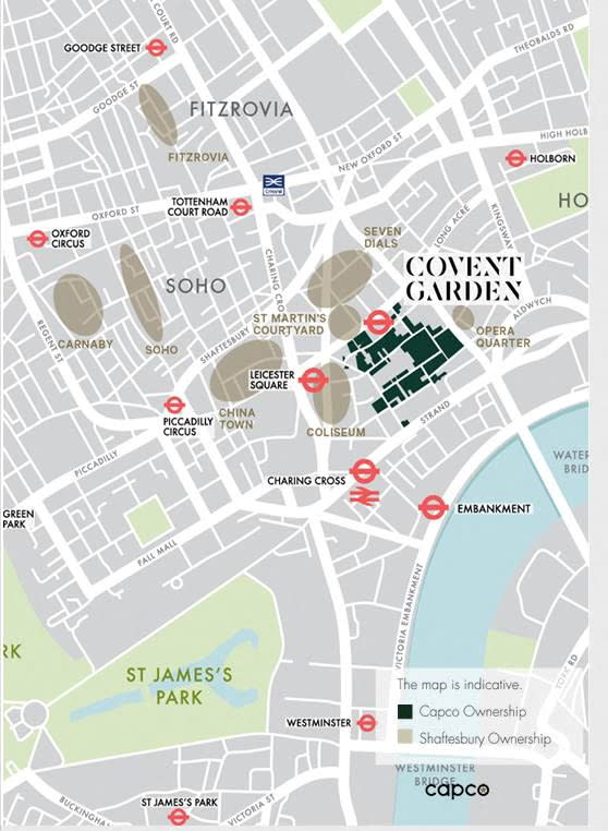 A map shows the central London properties owned by Capco and Shaftesbury property developers