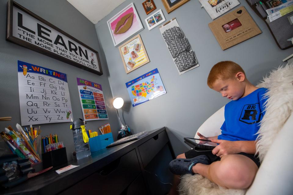 Lakeview Elementary student Nash Porter listens to teacher Dana Oxender during the first day of virtual school Aug. 12, 2020.