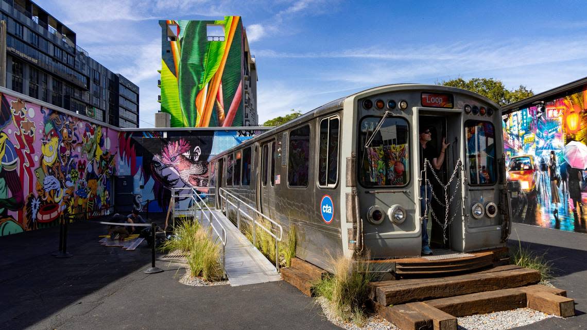 A reclaimed subway car from Chicago is part of Wynwood Walls’ Miami Art Week installation. The 48-foot-long car will remain as an interactive exhibit at the outdoor museum.