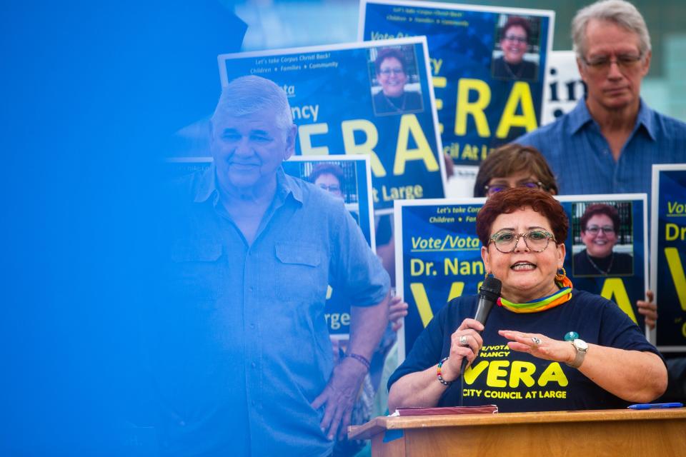 Corpus Christi City Council at-large candidate Nancy Vera speaks to supporters at a campaign event at City Hall on Monday, Sept. 5, 2022. Vera and three other candidates are running a joint campaign as the self-described "People's Community Candidates."