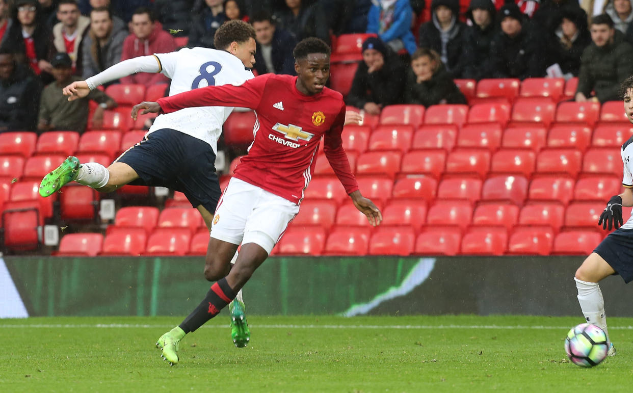 Matthew Olosunde in action for Manchester United’s under-23s. He has received his first U.S. call-up. (Getty)