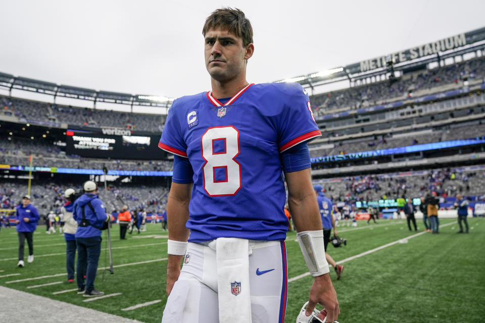 New York Giants quarterback Daniel Jones (8) walks off the field after playing against the Chicago Bears in an NFL football game, Sunday, Oct. 2, 2022, in East Rutherford, N.J. (AP Photo/Seth Wenig)
