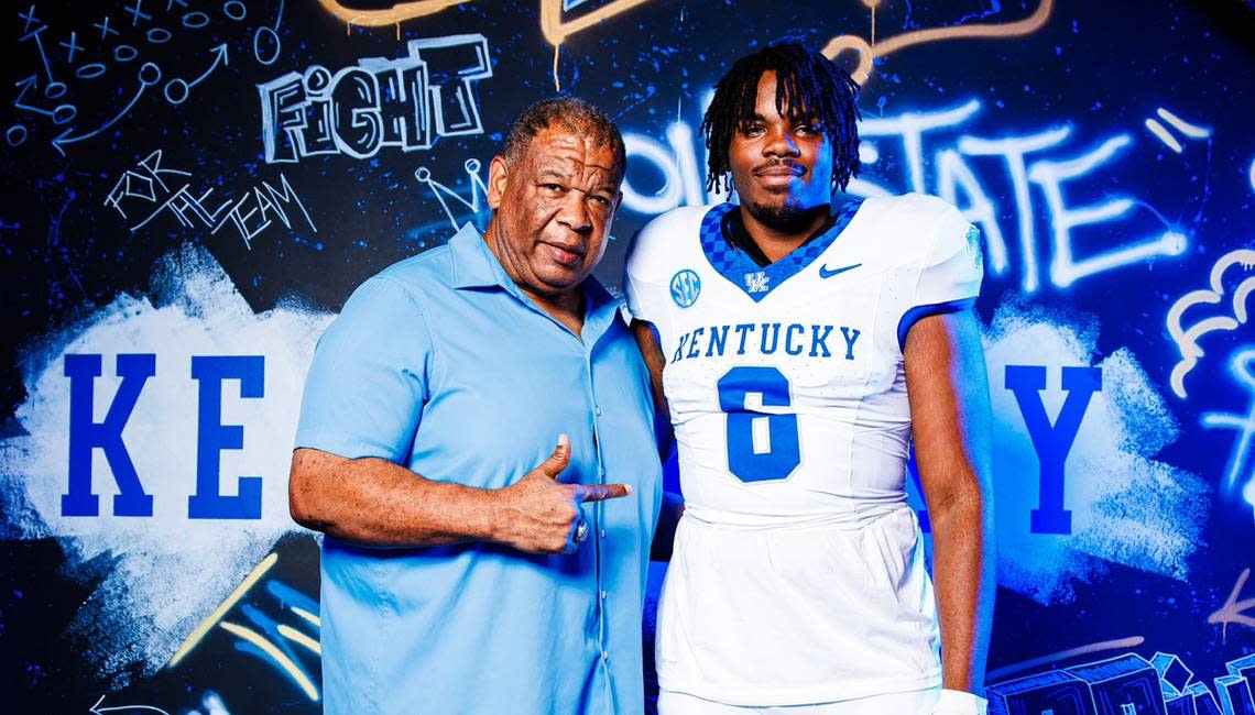 Kentucky football recruiting coordinator Vince Marrow with Javeon Campbell during the Western Hills defensive lineman’s visit to UK before he ultimately committed to the Wildcats on July 2.