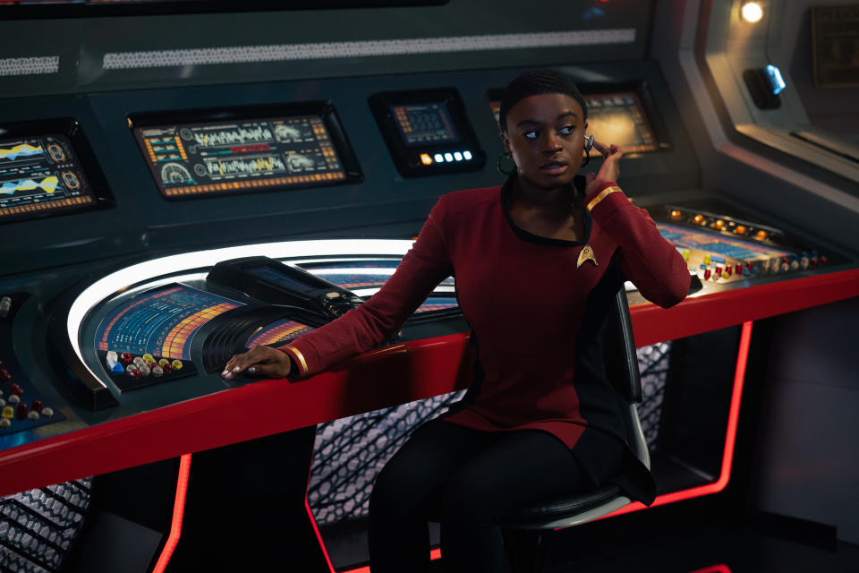 Celia Rose Gooding’s Uhura may be putting through a message from her future captain… - Credit: Marni Grossman/Paramount+