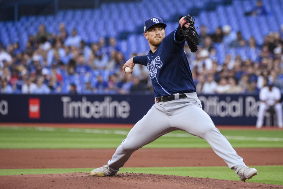 Tampa Bay Rays starting pitcher Drew Rasmussen throws to a Toronto Blue Jays batter during the first inning of a baseball game Friday, April 14, 2023, in Toronto. (Christopher Katsarov/The Canadian Press via AP)