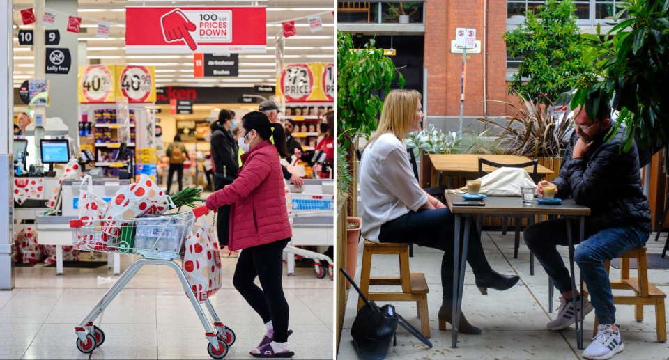 Aussies shopping in Coles (left) and people sitting down having a coffee and a cafe (right) during the cost of living crisis.