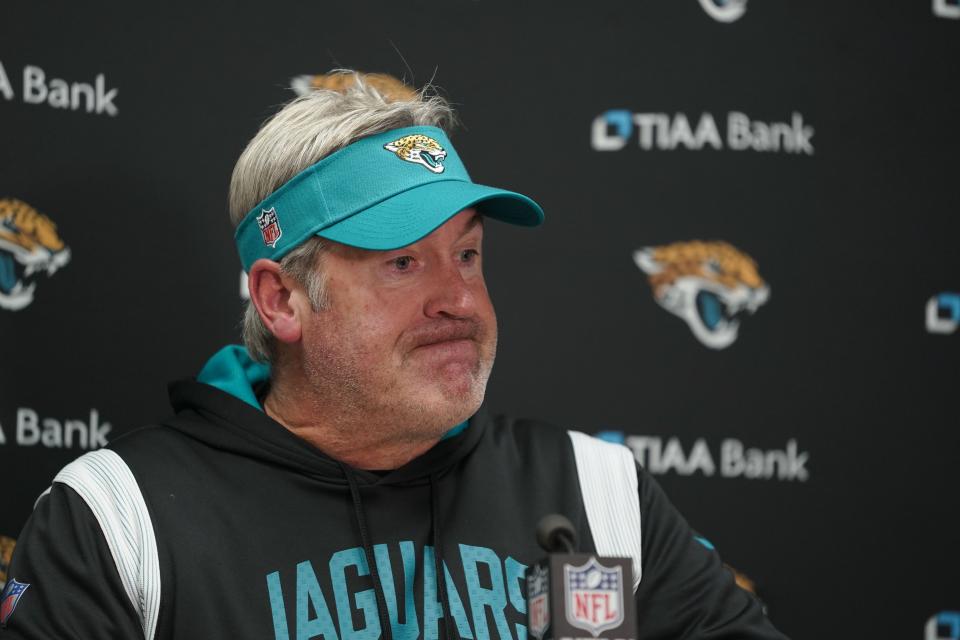 Jacksonville Jaguars head coach Doug Pederson speaks during a news conference after an NFL divisional round playoff football game between the Kansas City Chiefs and the Jacksonville Jaguars, Saturday, Jan. 21, 2023, in Kansas City, Mo. The Kansas City Chiefs won 27-20. (AP Photo/Ed Zurga)