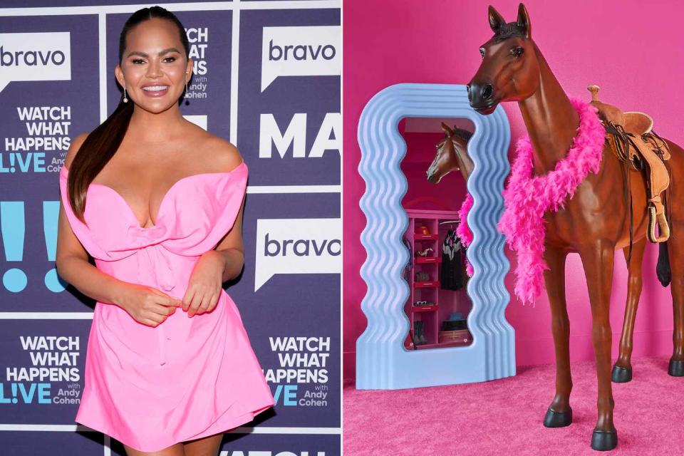 <p>Charles Sykes/Bravo/Getty; Joyce Lee/AirBNB</p> Chrissy Teigen and the Barbie Dream House mansion.