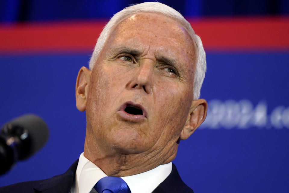 Republican presidential candidate former Vice President Mike Pence speaks at a campaign event, Wednesday, June 7, 2023, in Ankeny, Iowa. (AP Photo/Charlie Neibergall)