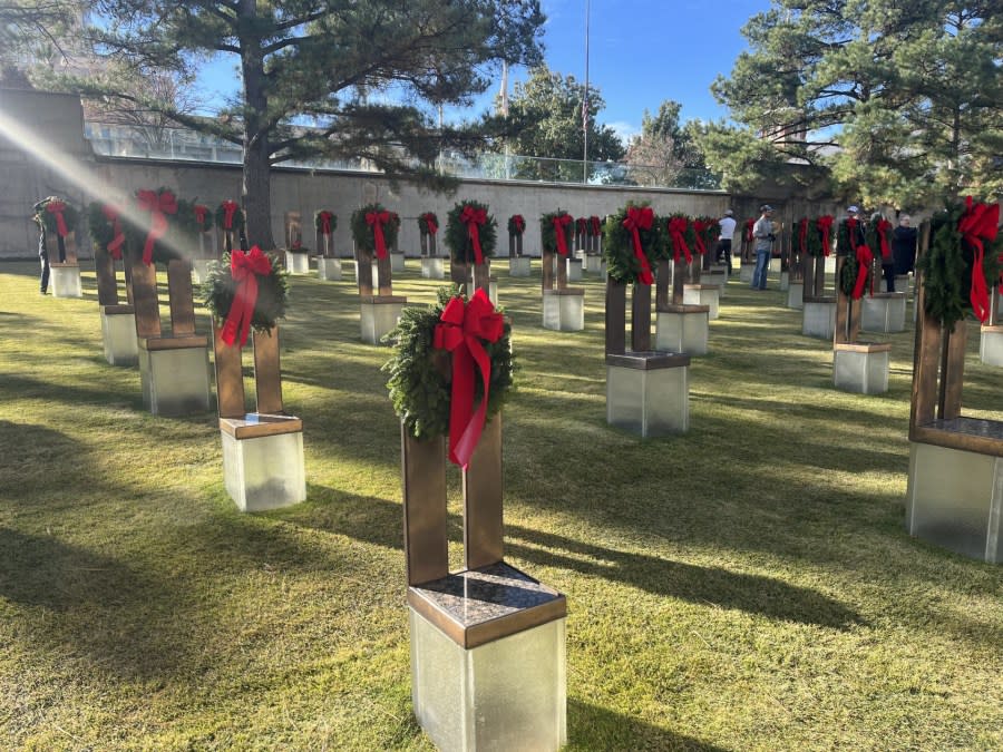 Christmas wreaths on chairs at Oklahoma City National Memorial Museum.