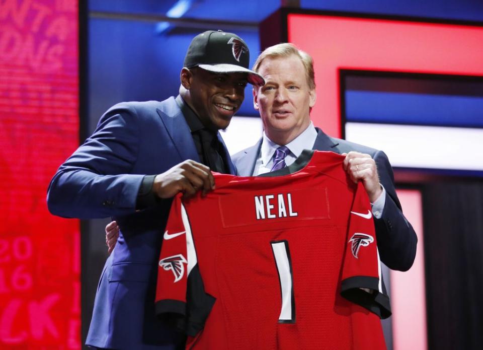 Apr 28, 2016; Chicago, IL, USA; Keanu Neal (Florida) with NFL commissioner Roger Goodell after being selected by the Atlanta Falcons as the number seventeen overall pick in the first round of the 2016 NFL Draft at Auditorium Theatre. Mandatory Credit: Kamil Krzaczynski-USA TODAY Sports