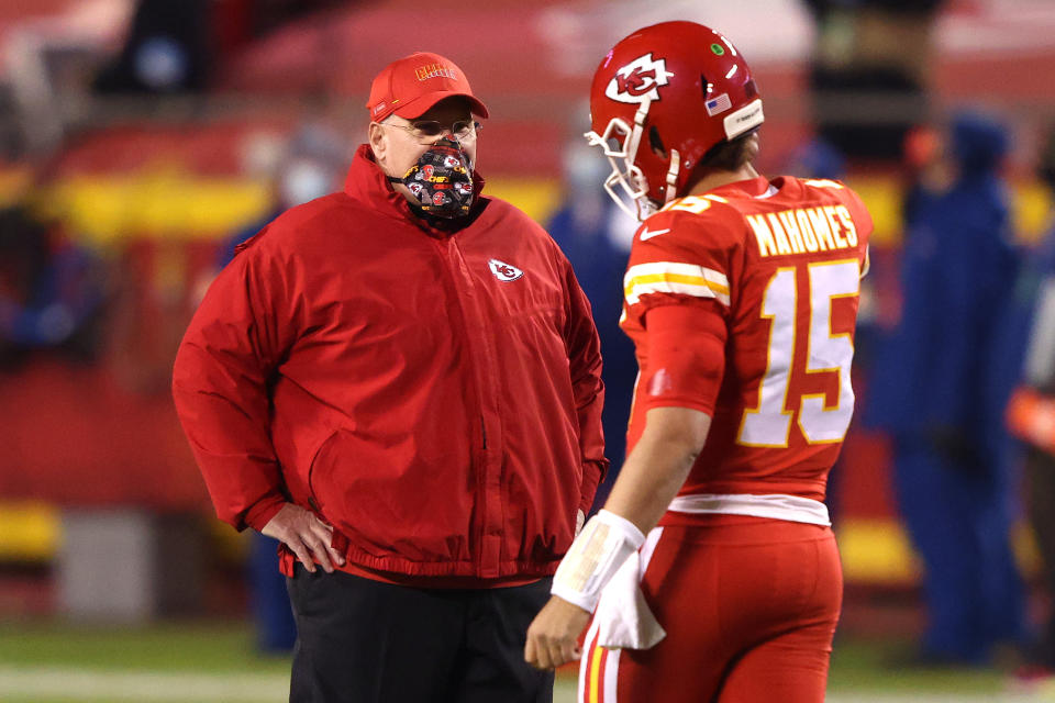 Andy Reid, left, and Patrick Mahomes, right, are two huge assets for the Kansas City Chiefs, but they have some concerning needs elsewhere on the roster. (Photo by Jamie Squire/Getty Images)