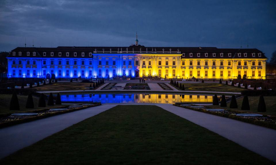 The Ludwigsburg Palace in  Ludwigsburg, Germany, is lit up in the colors of the flag of Ukraine following the Russian attack of Ukraine. Russia is pressing its invasion of Ukraine to the outskirts of the capital after unleashing airstrikes on cities and military bases and sending in troops and tanks from three sides.