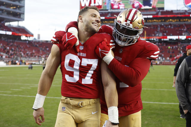 San Francisco 49ers defensive end Nick Bosa (97) flexes during  introductions before playing the Ariz