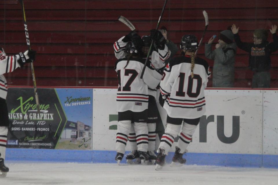 The Devils Lake Girls Hockey team celebrates after scoring a goal against Williston on Jan. 25.