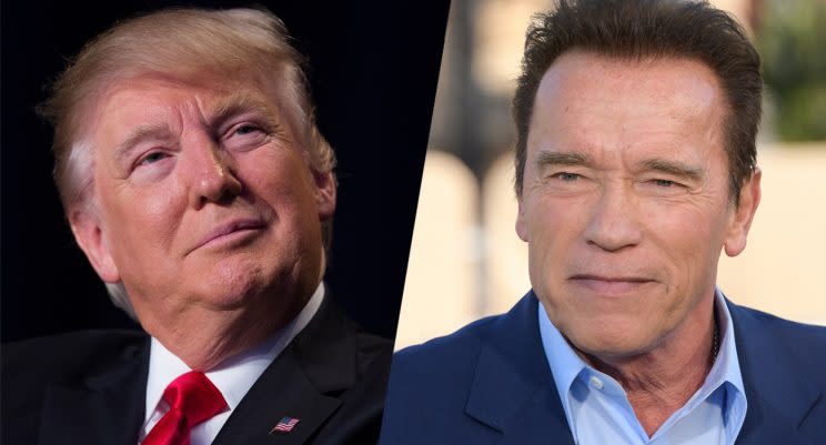 President Trump and Arnold Schwarzenegger. (Photos: Noel Vasquez/Getty Images, Evan Vucci/AP)