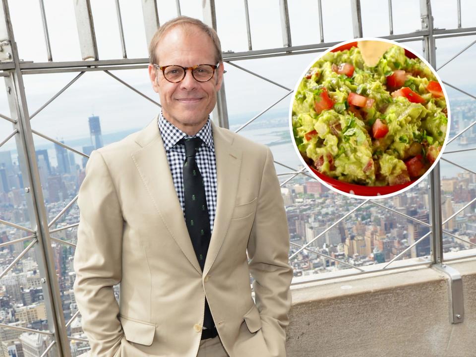 alton brown wearing tan suit and guacamole in white circle