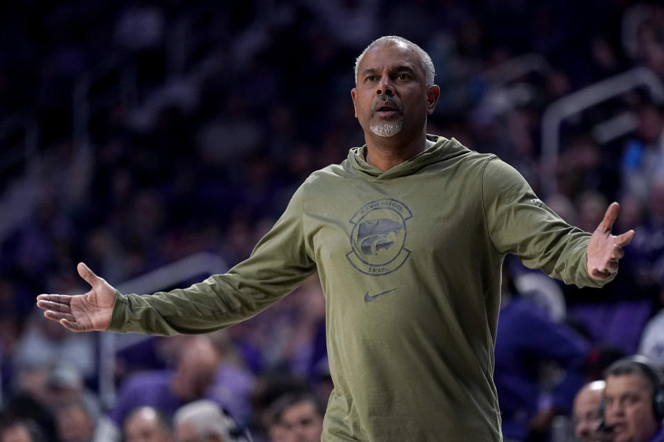 Kansas State head coach Jerome Tang questions a call during the first half of an NCAA college basketball game against North Alabama Saturday, Dec. 2, 2023, in Manhattan, Kan. (AP Photo/Charlie Riedel)