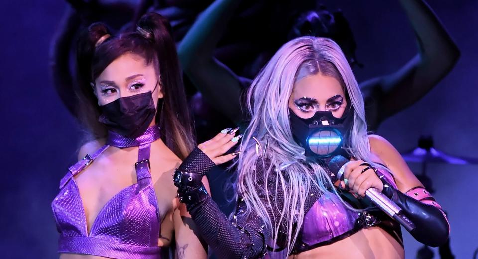 Ariana Grande and Lady Gaga perform during the 2020 MTV Video Music Awards, broadcast on Aug. 30.