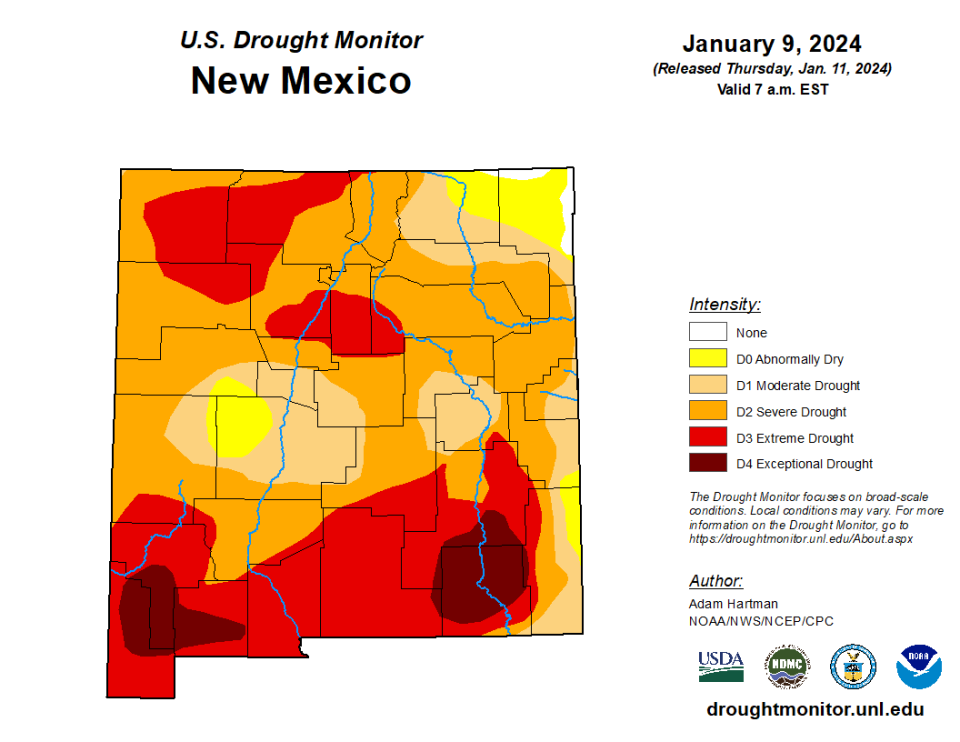 The U.S. Drought Monitor's latest report for New Mexico as of Jan. 9, 2024.
