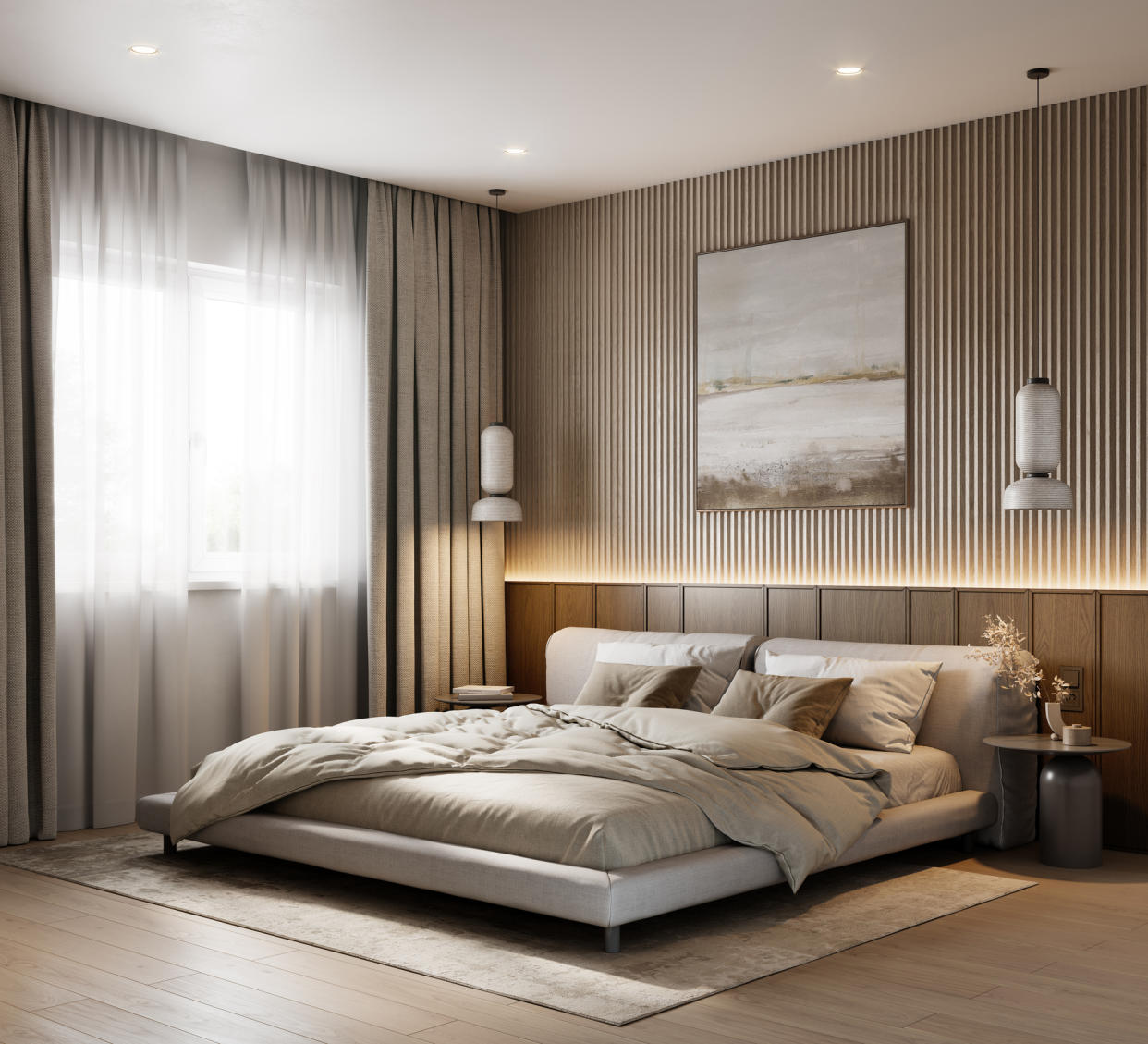  A neutral toned bedroom with hanging lights . 