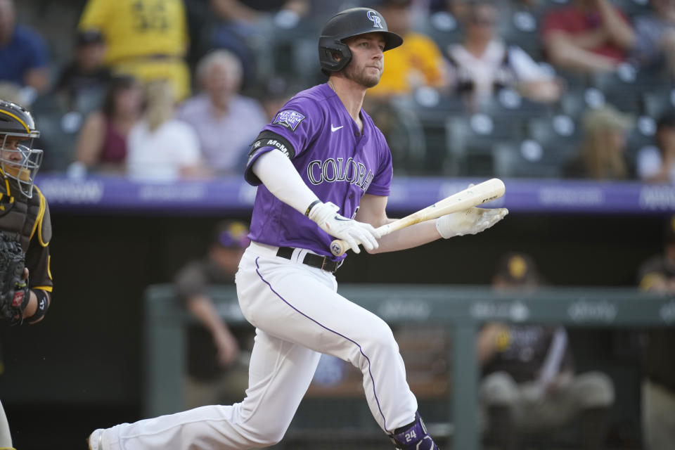 Colorado Rockies' Ryan McMahon reacts after striking out against San Diego Padres starting pitcher Dinelson Lamet in the second inning of a baseball game Monday, June 14, 2021, in Denver. (AP Photo/David Zalubowski)