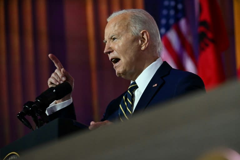 US President Joe Biden speaks during the NATO 75th Anniversary Celebratory Event at the Mellon Auditorium in Washington, DC, on July 9, 2024. (Jim WATSON)