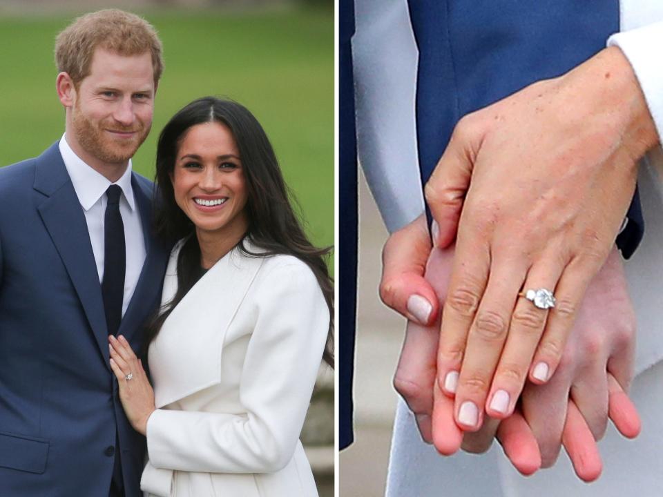 meghan markle and prince harry (left) and meghan markle engagement ring