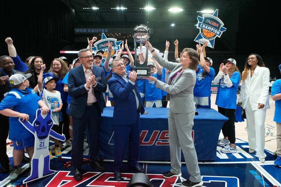 Mar 11, 2023; Frisco, TX, USA; The Middle Tennessee Blue Raiders celebrate punching their ticket to the NCAA Tournament after defeating the Western Kentucky Lady Toppers in the Conference USA Tournament Championship at Ford Center at The Star. Mandatory Credit: Chris Jones-USA TODAY Sports